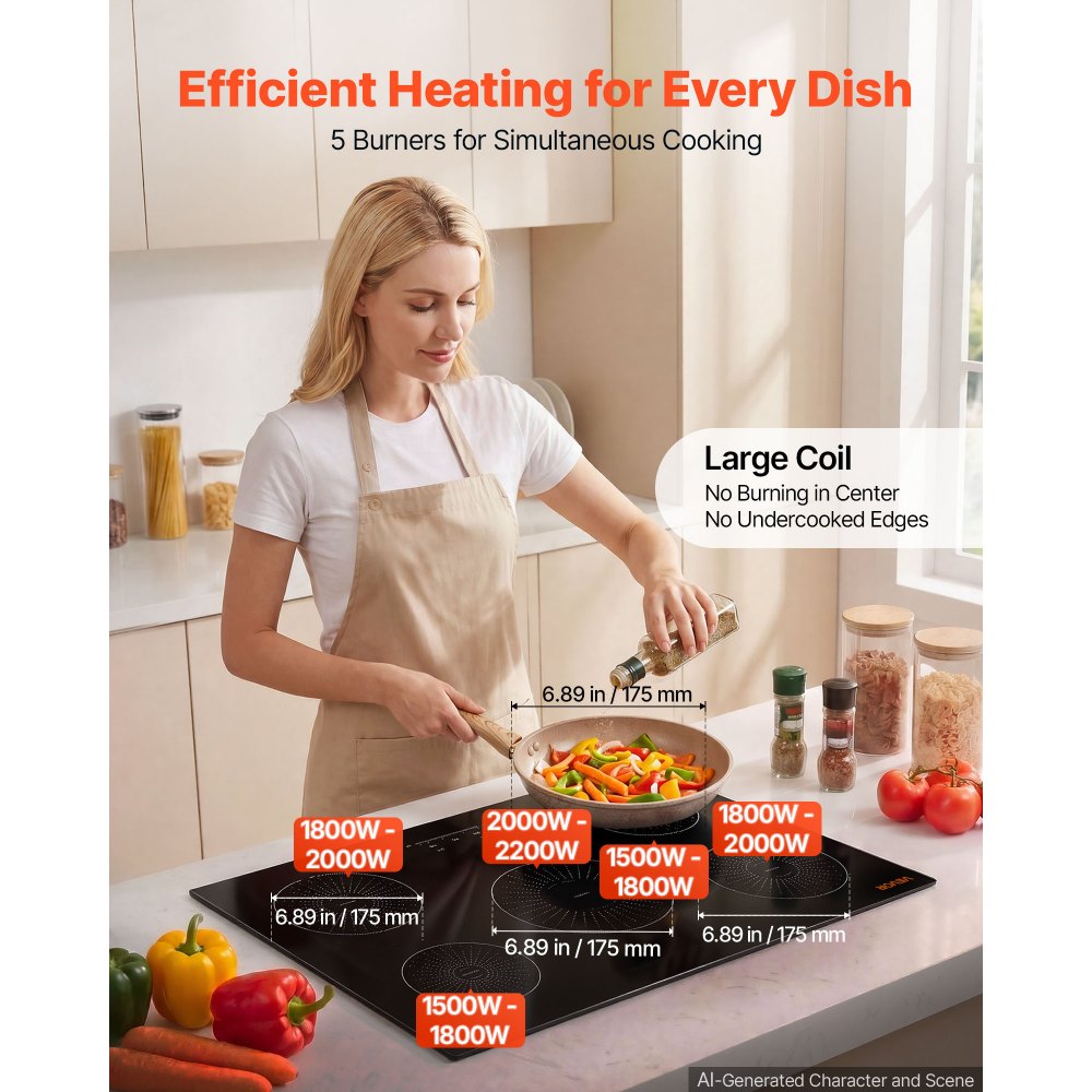 VEVOR Induction Cooktop 30in 5 Burners Built-in Electric Stove 220V 9200W, Low-Power Continuous Heating, Induction