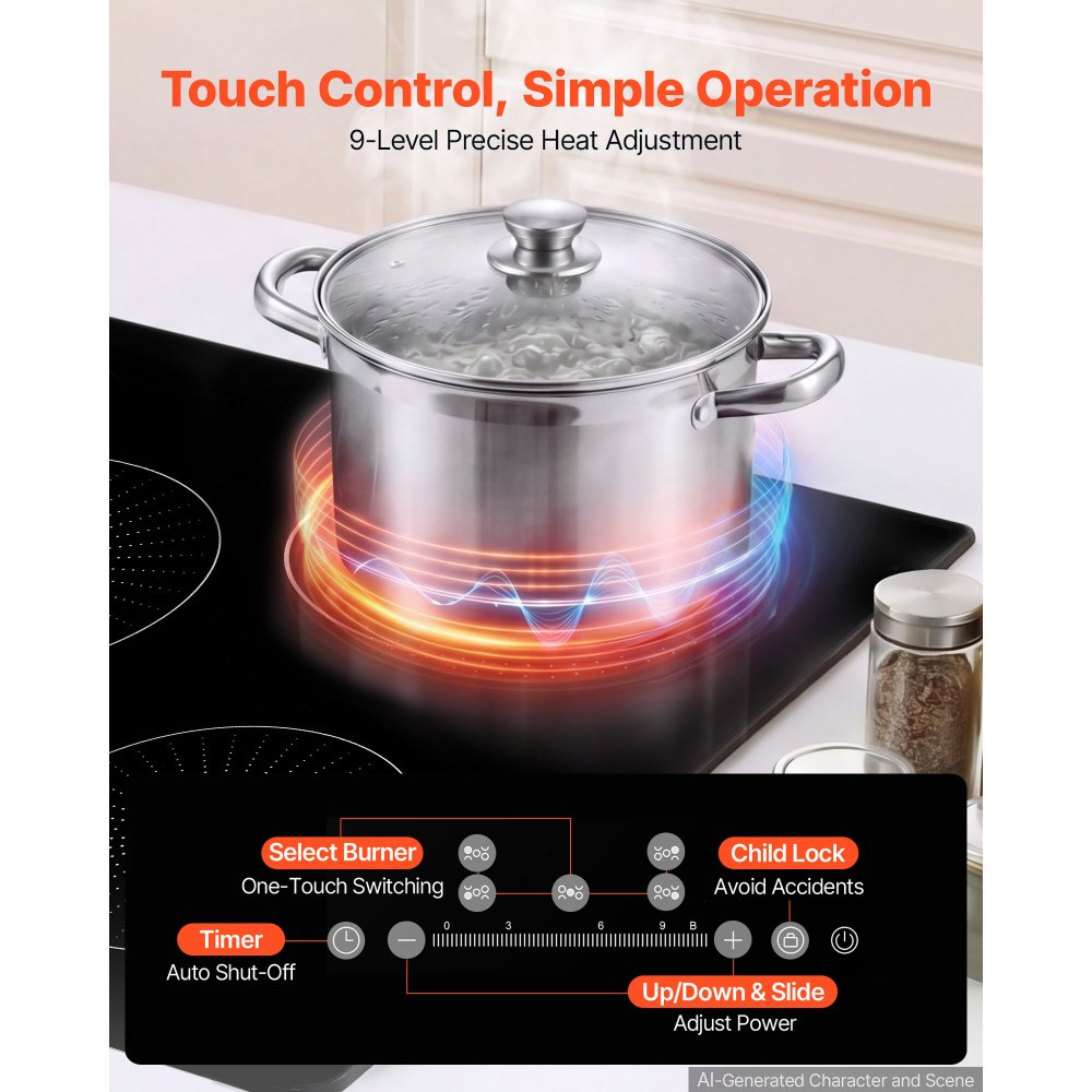 VEVOR Induction Cooktop 30in 5 Burners Built-in Electric Stove 220V 9200W, Low-Power Continuous Heating, Induction