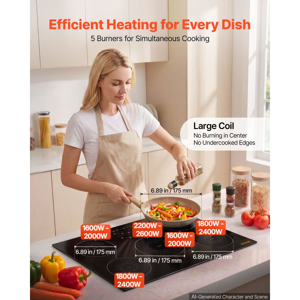 VEVOR Induction Cooktop 30in 5 Burners Built-in Electric Stove 220V 9200W, Low-Power Continuous Heating, Induction