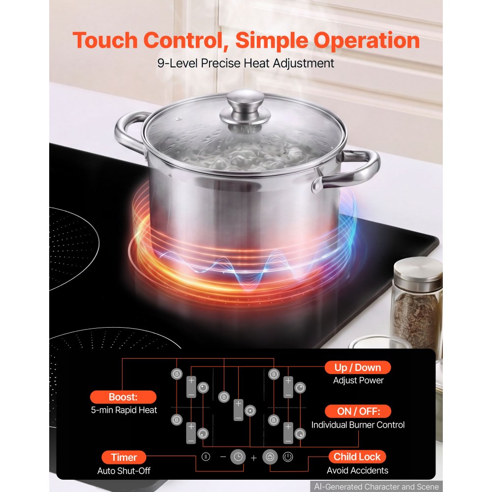 VEVOR Induction Cooktop 30in 5 Burners Built-in Electric Stove 220V 9200W, Low-Power Continuous Heating, Induction