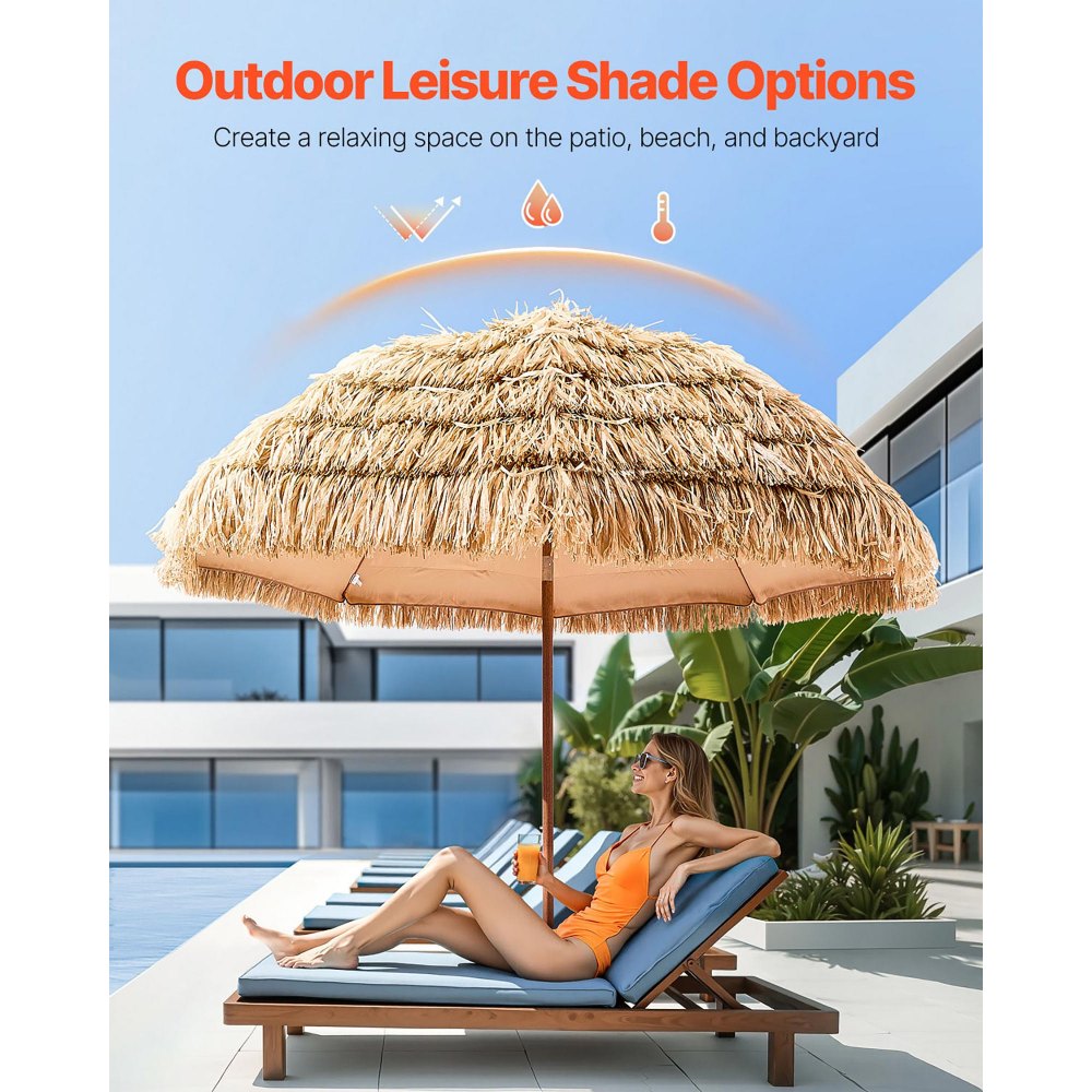 VEVOR Tiki Umbrella, 8 ft Thatched Patio Umbrella with Tilt, Hawaiian Style Beach Parasol with Durable PP Thatch and 8