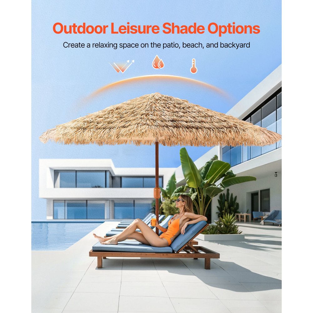 VEVOR Tiki Umbrella, 9 ft Thatched Patio Umbrella with Tilt, Hawaiian Style Beach Parasol with Durable PP Thatch and 8
