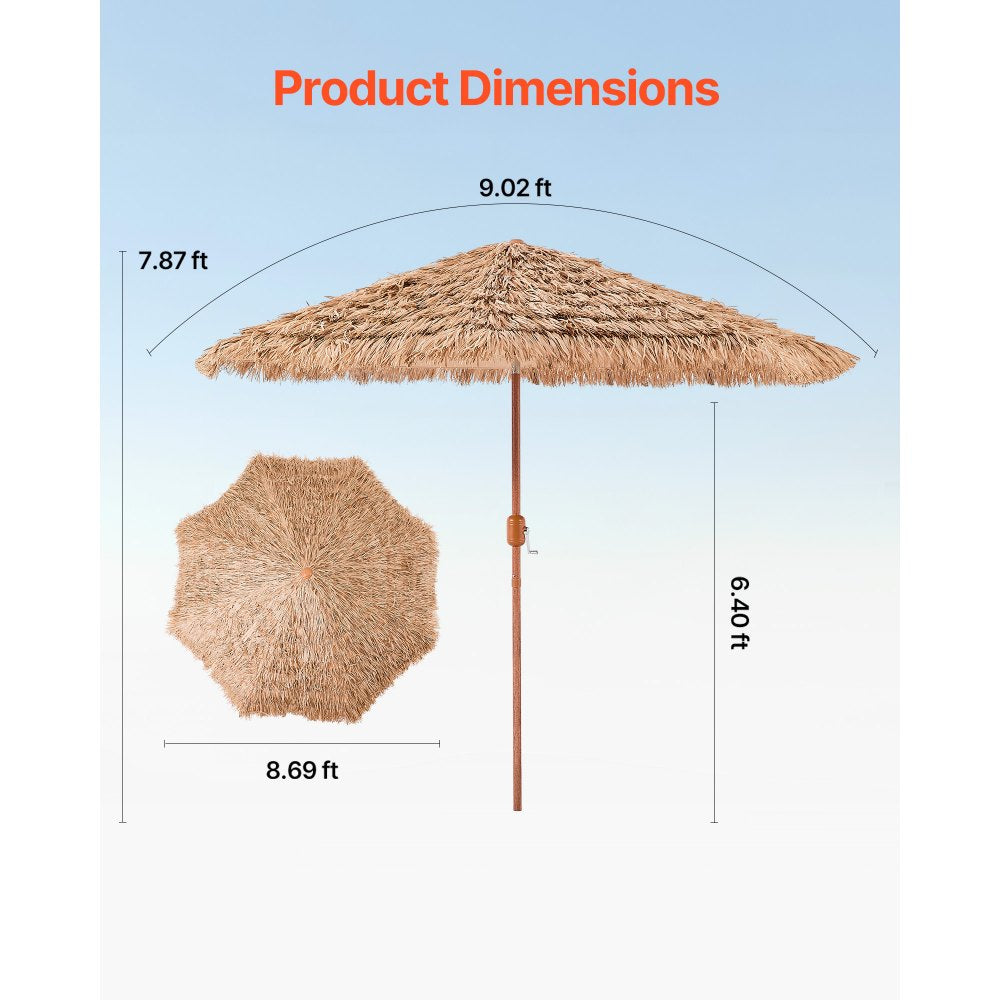 VEVOR Tiki Umbrella, 9 ft Thatched Patio Umbrella with Tilt, Hawaiian Style Beach Parasol with Durable PP Thatch and 8