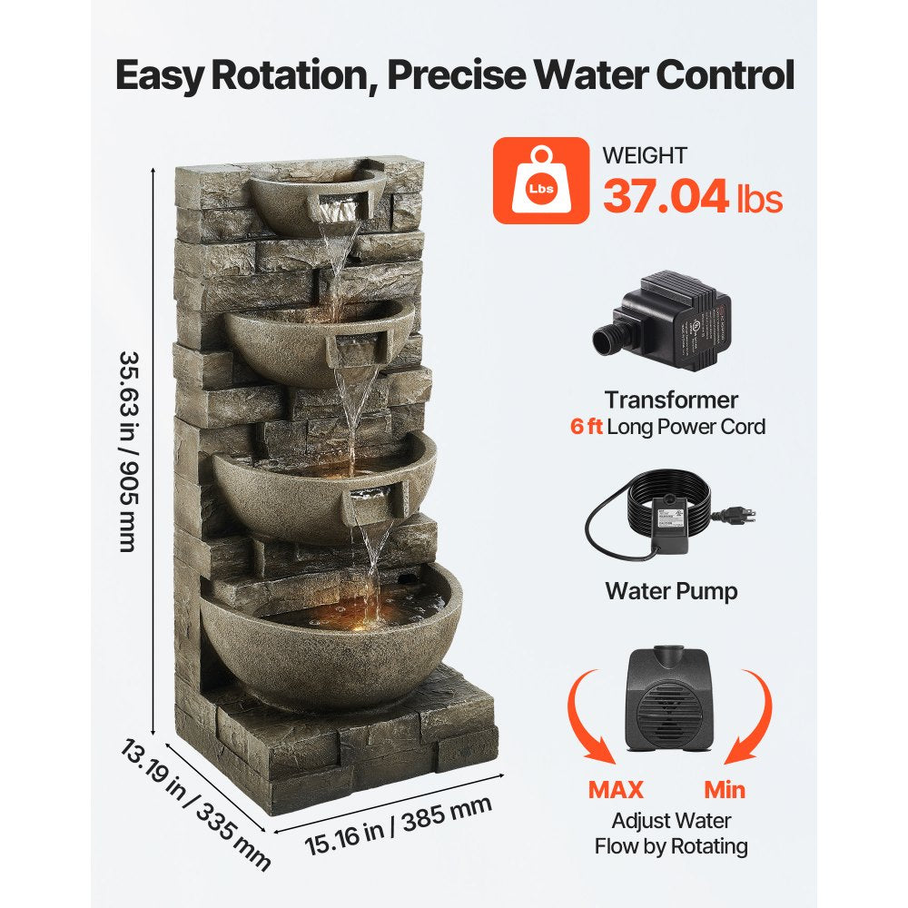 VEVOR Outdoor Water Fountain, 35.63 in Height Fountain and Waterfall, 4-Tier Floor Standing Cascading Fountains with