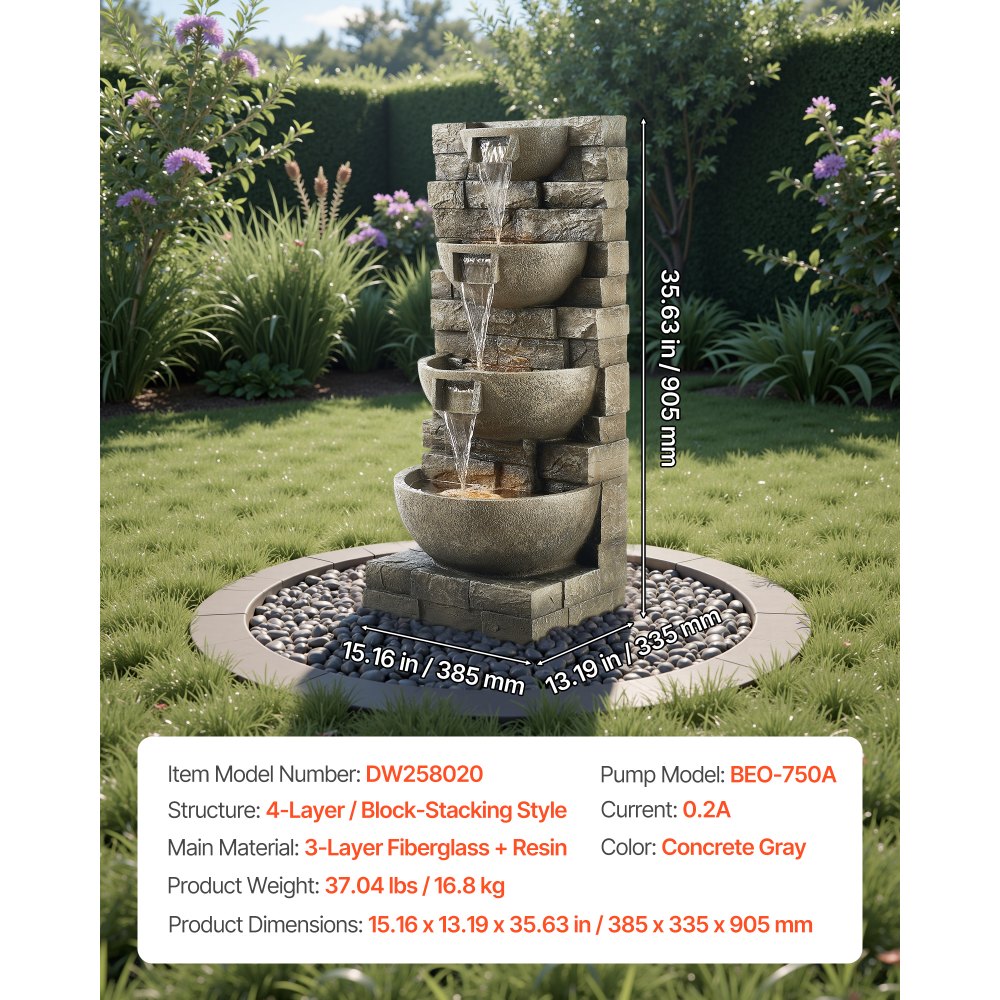 VEVOR Outdoor Water Fountain, 35.63 in Height Fountain and Waterfall, 4-Tier Floor Standing Cascading Fountains with