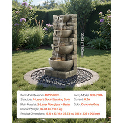 VEVOR Outdoor Water Fountain, 35.63 in Height Fountain and Waterfall, 4-Tier Floor Standing Cascading Fountains with