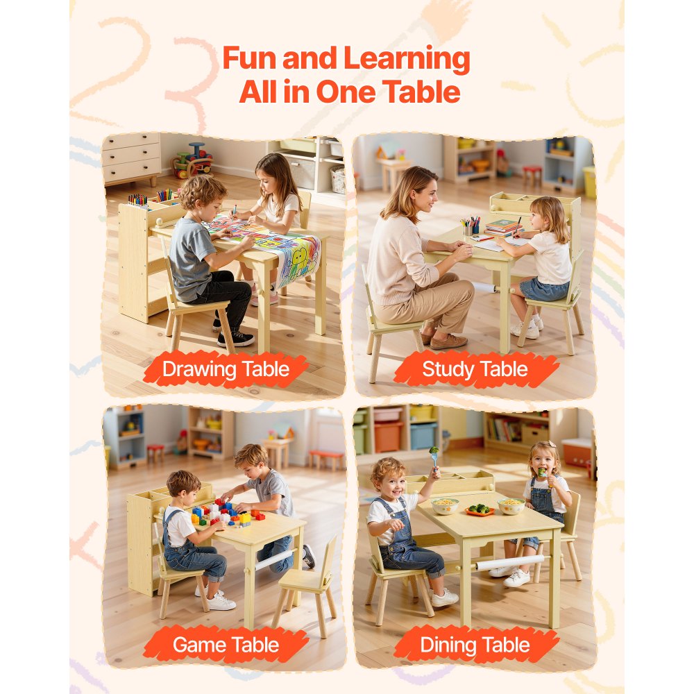 VEVOR Kids Art Table and Chair Set, Toddler Craft Table with 3 Tiers Storage Cabinet, Wooden Kids Activity Play Desk