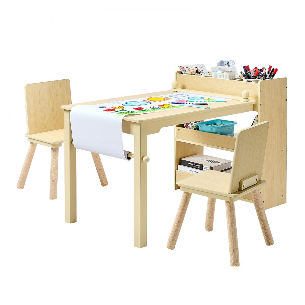 VEVOR Kids Art Table and Chair Set, Toddler Craft Table with 3 Tiers Storage Cabinet, Wooden Kids Activity Play Desk