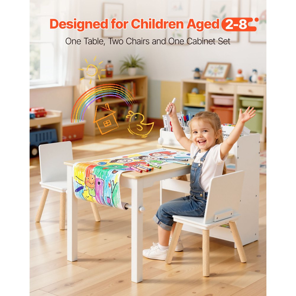 VEVOR Kids Art Table and Chair Set, Toddler Craft Table with 3 Tiers Storage Cabinet, Wooden Kids Activity Play Desk