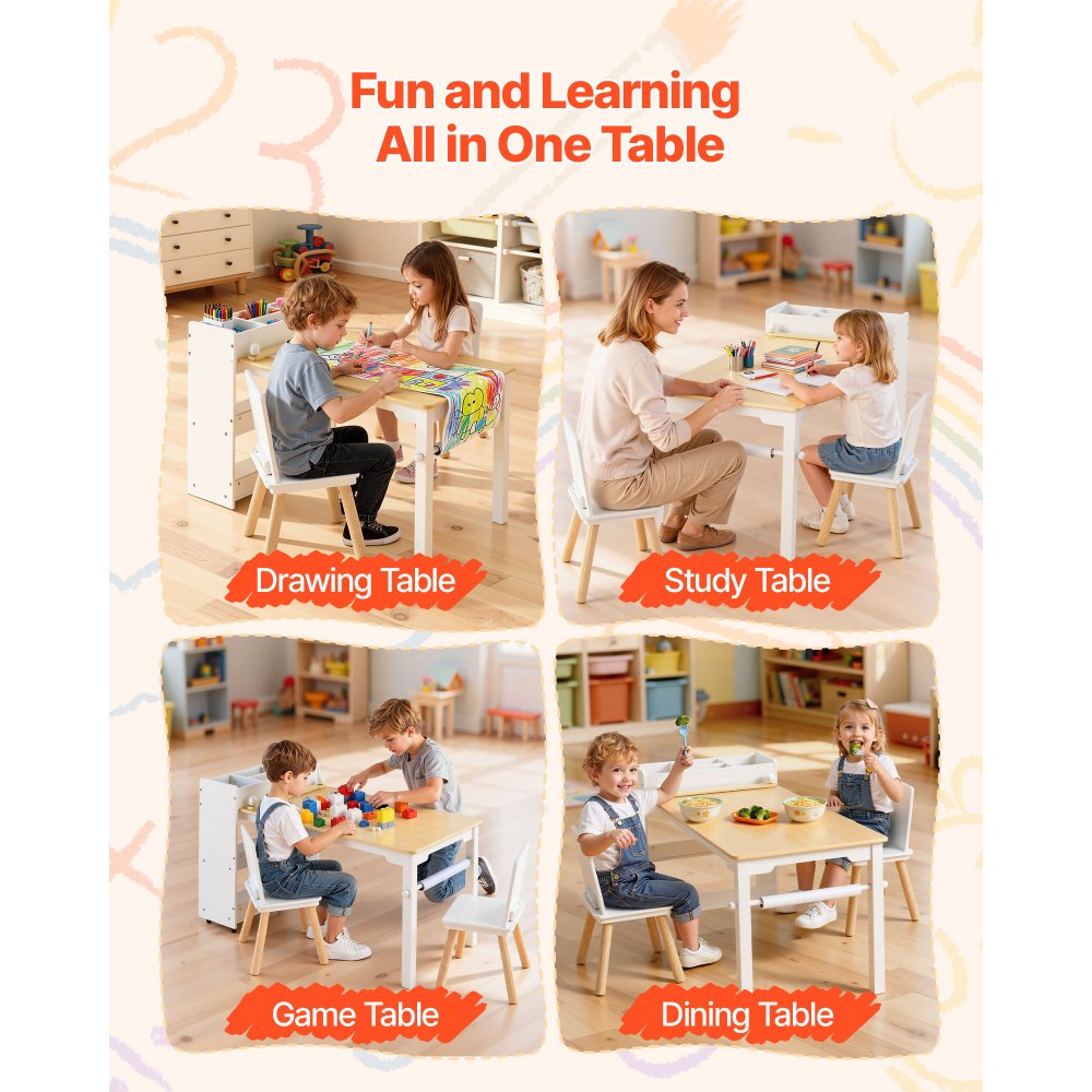 VEVOR Kids Art Table and Chair Set, Toddler Craft Table with 3 Tiers Storage Cabinet, Wooden Kids Activity Play Desk