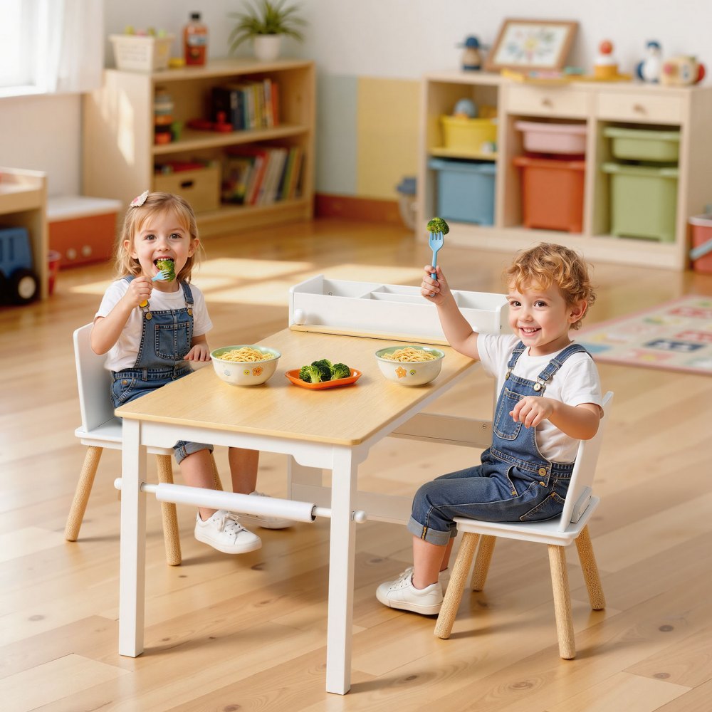 VEVOR Kids Art Table and Chair Set, Toddler Craft Table with 3 Tiers Storage Cabinet, Wooden Kids Activity Play Desk