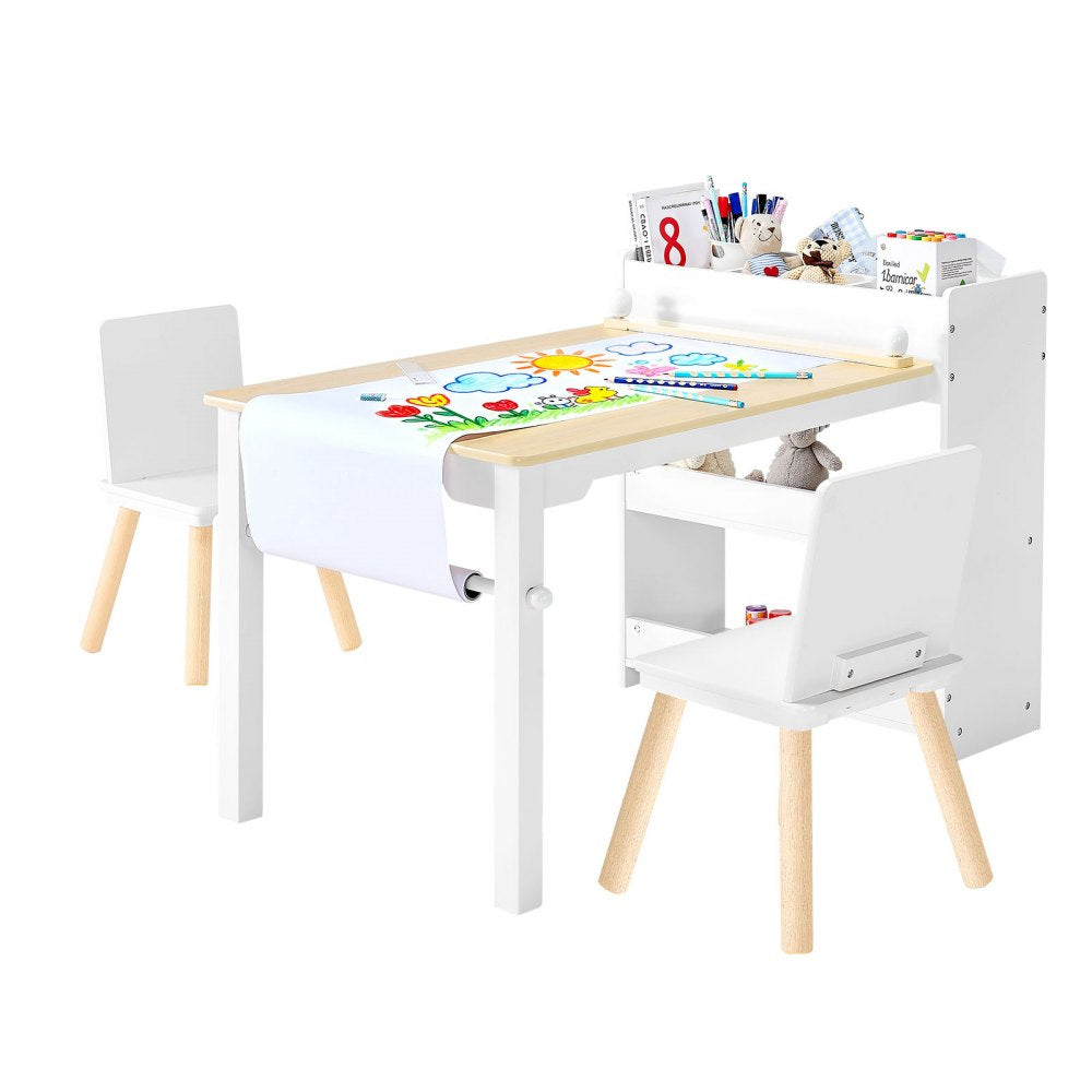 VEVOR Kids Art Table and Chair Set, Toddler Craft Table with 3 Tiers Storage Cabinet, Wooden Kids Activity Play Desk