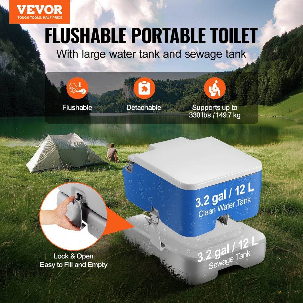 VEVOR Portable Toilet for Camping with Carry Bag, RV Toilet with 3.2 Gal Waste Tank, Push-Button Pressurized Flush