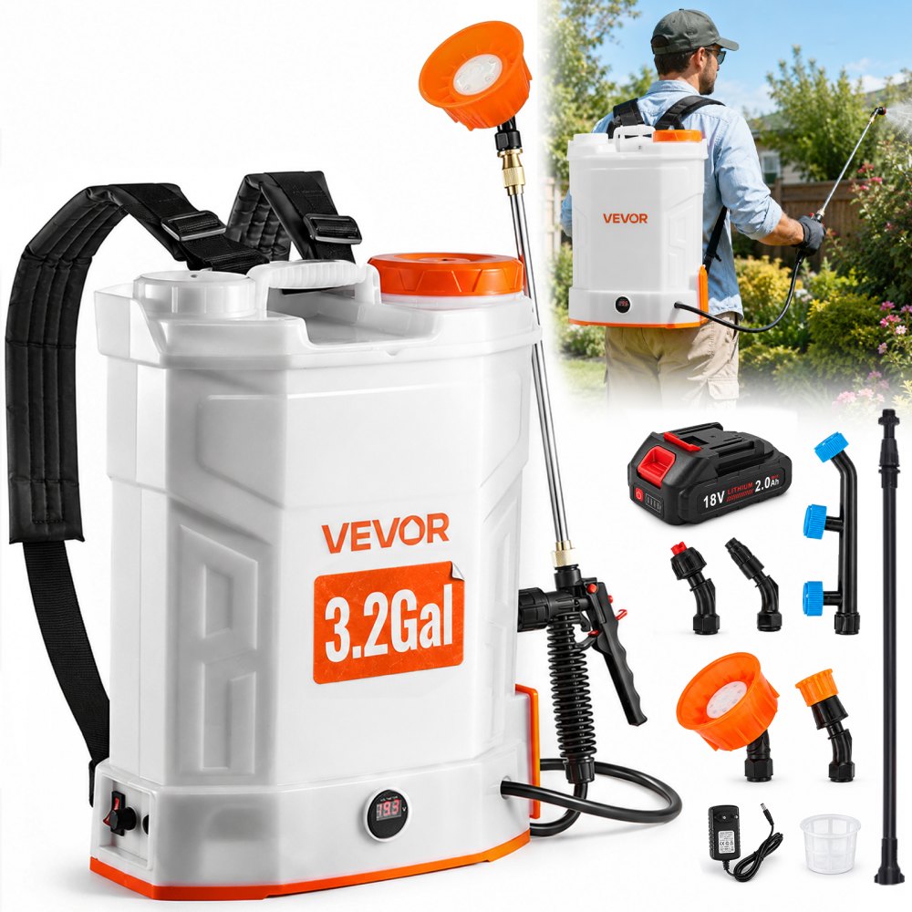 VEVOR Battery Powered Backpack Sprayer, 3.2 Gal Powerful Electric Backpack Sprayer, 2 Retractable Wands & 5 Nozzles