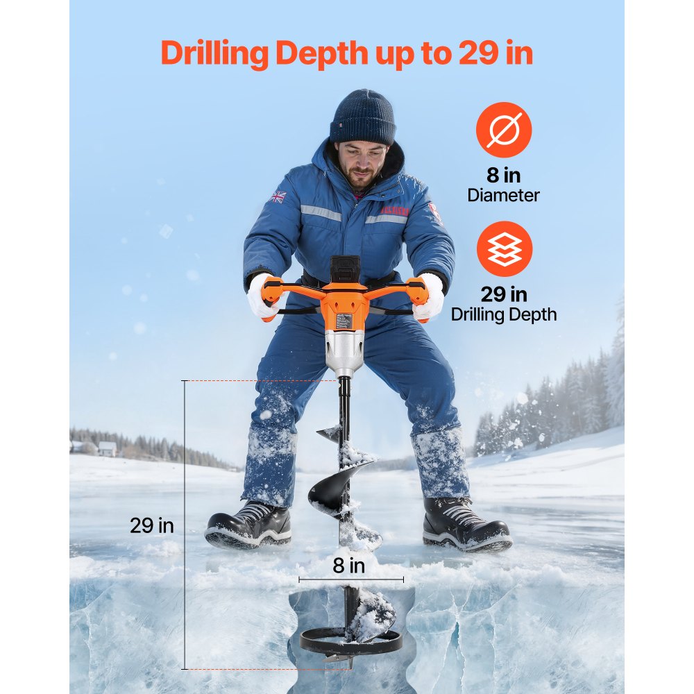 VEVOR 20V Electric Ice Auger, 8 inch Diameter, 2 in 1 Cordless Ice Fishing Augers and Earth Auger with Ices & Earth