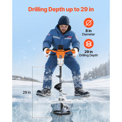 VEVOR 20V Electric Ice Auger, 8 inch Diameter, 2 in 1 Cordless Ice Fishing Augers and Earth Auger with Ices & Earth