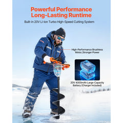 VEVOR 20V Electric Ice Auger, 8 inch Diameter, 2 in 1 Cordless Ice Fishing Augers and Earth Auger with Ices & Earth