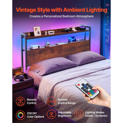 VEVOR Headboard for Full Size Bed, with 2 Storage Shelves, LED Light, 3 Outlets, and 3 USB Ports, Sturdy and Stable