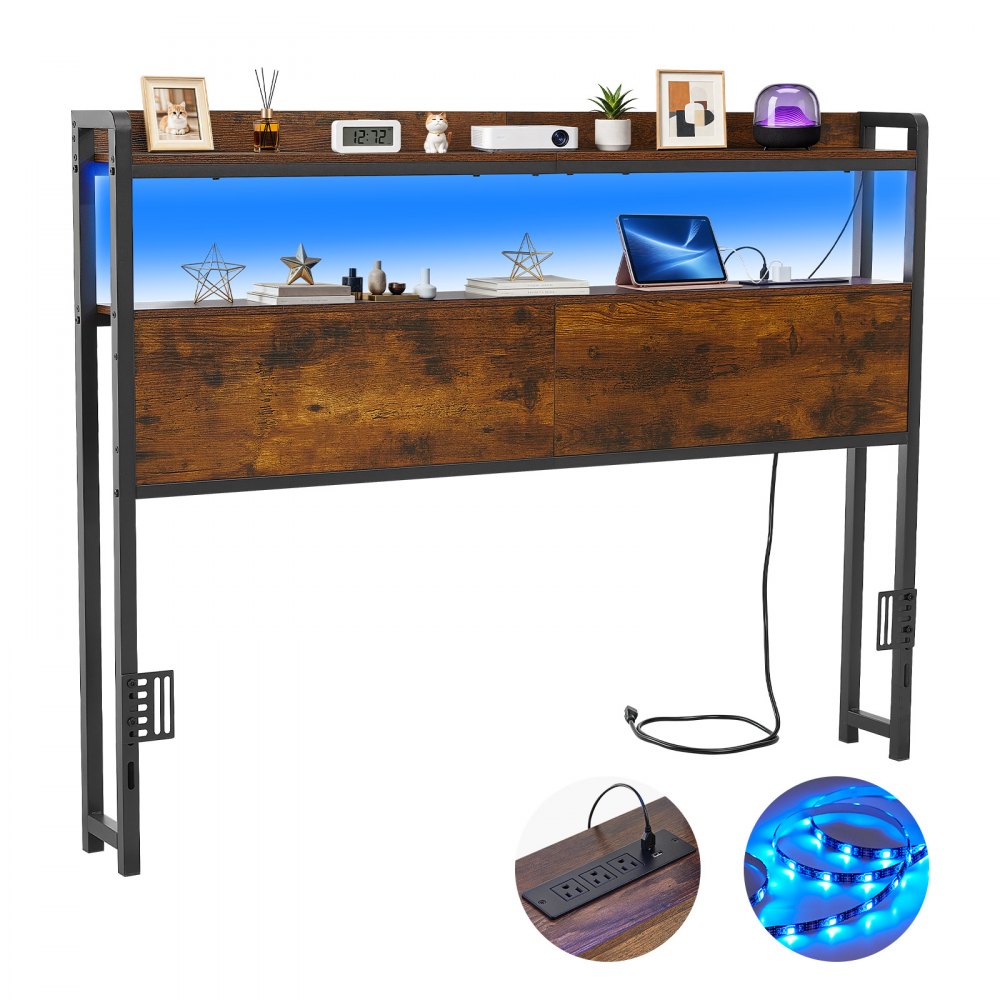 VEVOR Headboard for Full Size Bed, with 2 Storage Shelves, LED Light, 3 Outlets, and 3 USB Ports, Sturdy and Stable