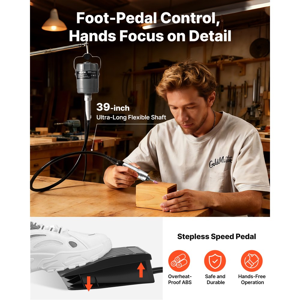 VEVOR Flex Shaft Grinder, 150W 23000RPM Electric Flex Shaft Rotary Tool, Foot-Pedal Control Hanging Carver Grinder with