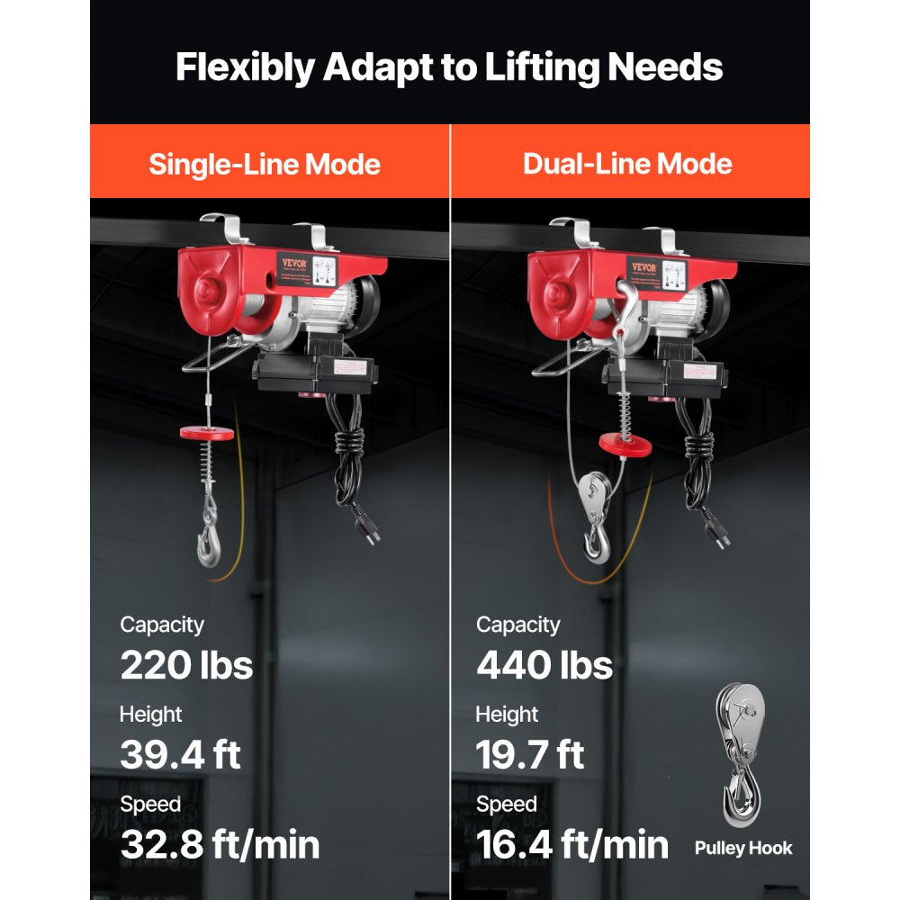 VEVOR Wireless Electric Hoist, 440 lbs 110V Electric Steel Wire Winch with Wireless Remote Control, 40ft Single Cable
