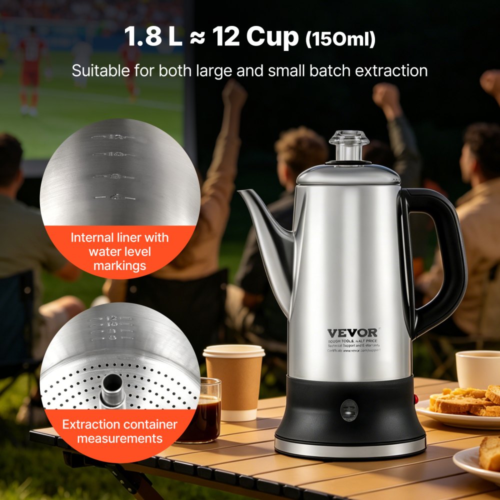 VEVOR 12-Cup Electric Percolator Coffee Pot, 304 Stainless Steel Coffee Percolator with Keep Warm Function &