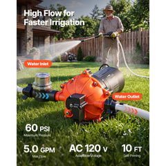 VEVOR Water Pressure Pump, 110V AC 5 GPM, 5-Chamber On Demand Electric Diaphragm Water Transfer Pump, 60 PSI Max