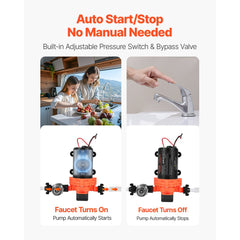 VEVOR RV Water Pump, 12V DC 4 GPM (15.1 L/min), 3-Chamber Self-Priming Diaphragm Water Pump with Automatic Pressure