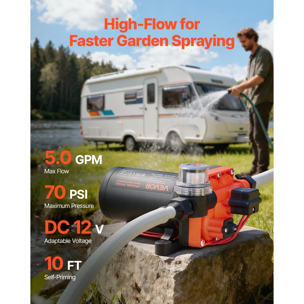 VEVOR RV Water Pump, 12V DC 5 GPM (18.9 L/min), 4-Chamber Self-Priming Diaphragm Water Pump with Automatic Pressure