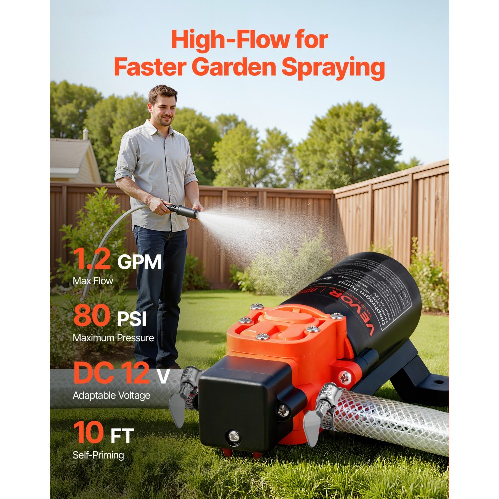 VEVOR Water Pressure Pump, 12V DC 1.2 GPM (4.5 L/min), 2-Chamber Self-Priming Diaphragm Water Pump with 2 Hose Clamps