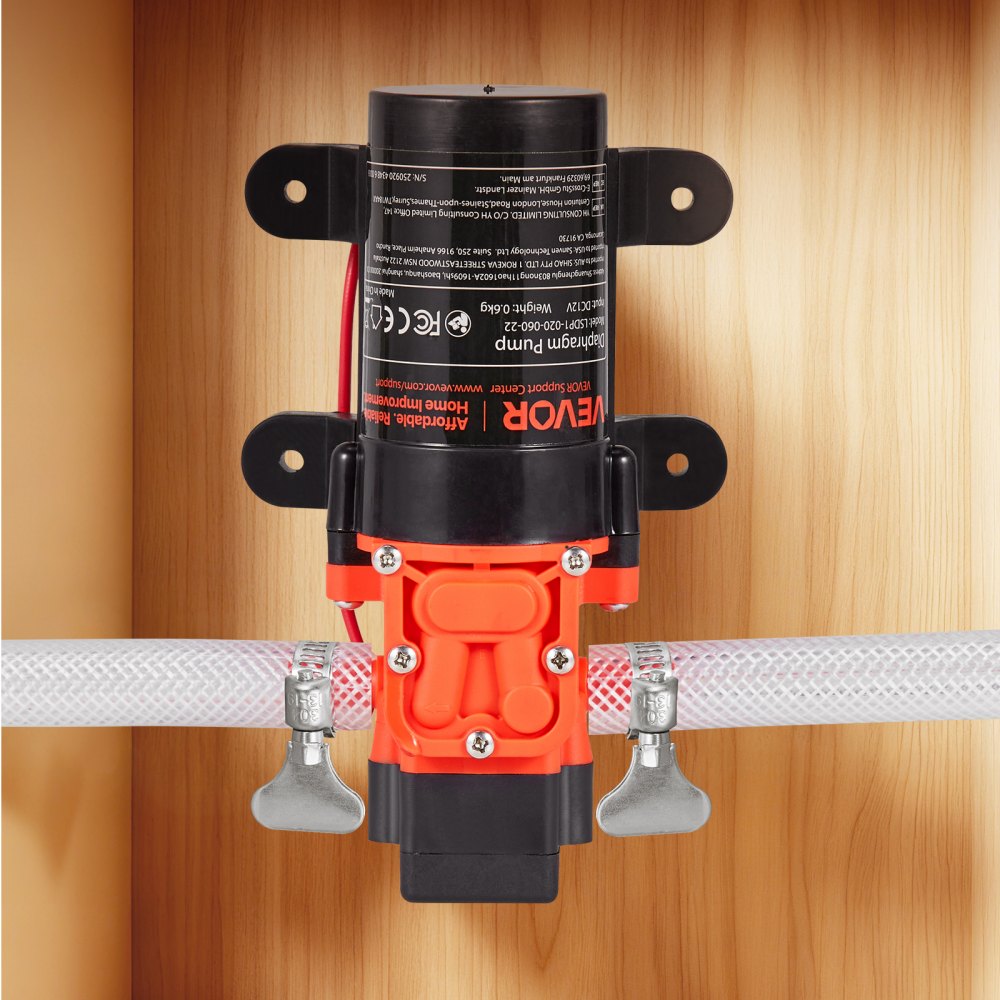 VEVOR Water Pressure Pump, 12V DC 1.2 GPM (4.5 L/min), 2-Chamber Self-Priming Diaphragm Water Pump with 2 Hose Clamps