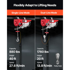 VEVOR Electric Hoist, 1760 lbs 120V Electric Winch with 328 ft Wireless Remote Control, 40 ft Single Cable Lifting
