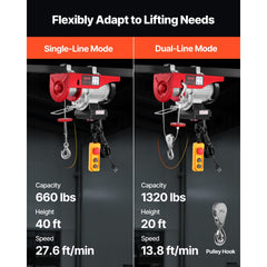 VEVOR Electric Hoist, 1320 lbs 120V Electric Winch with 328 ft Wireless & 14 ft Wired Remote Control, 40 ft Single