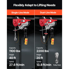 VEVOR Electric Hoist, 2200 lbs 120V Electric Winch with 328 ft Wireless & 14 ft Wired Remote Control, 40 ft Single