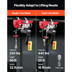 VEVOR Electric Hoist, 440 lbs 120V Electric Winch with 328 ft Wireless & 14 ft Wired Remote Control, 40 ft Single Cable