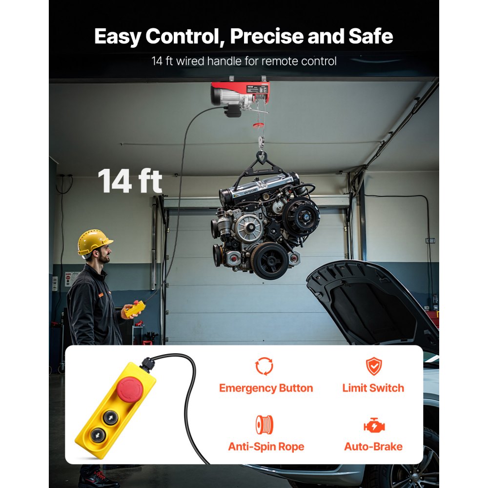 VEVOR Electric Hoist 1760lbs with 14ft Wired Remote Control, Electric Hoist 110 Volt with 40ft Single Cable Lifting