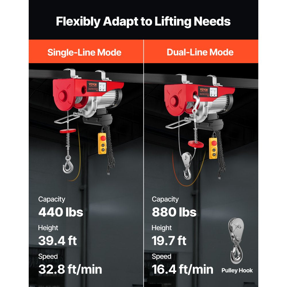 VEVOR 880lbs Electric Hoist with 14ft Wired Remote Control, 110V Electric Hoist Attic Lift 20-40 FT Lifting Height for