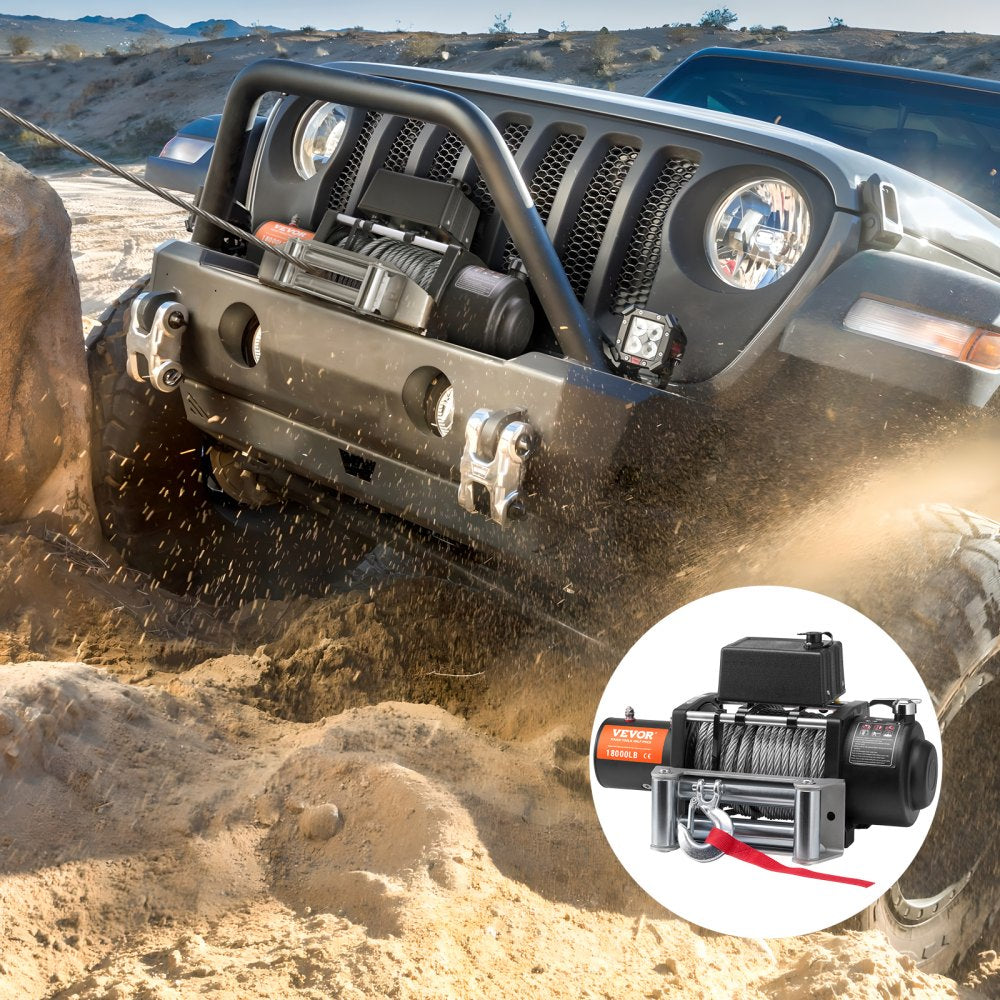 VEVOR Electric Winch, 18,000 lb, 12V DC Truck Winch with Φ7/16 in x 85 ft Steel Cable Roller Fairlead Wireless & Wired