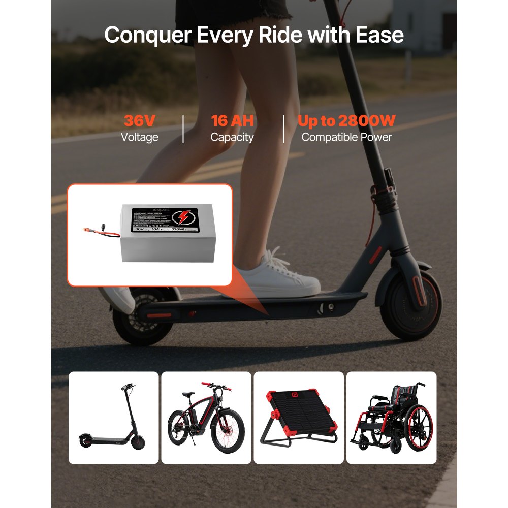 VEVOR 36V Electric Scooter Battery, 16Ah, Ebike Lithium Battery Pack with 30A BMS, Charger, T-Plug Expansion Cable