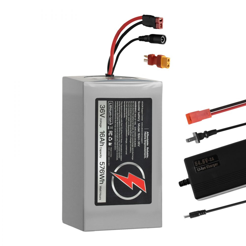 VEVOR 36V Electric Scooter Battery, 16Ah, Ebike Lithium Battery Pack with 30A BMS, Charger, T-Plug Expansion Cable