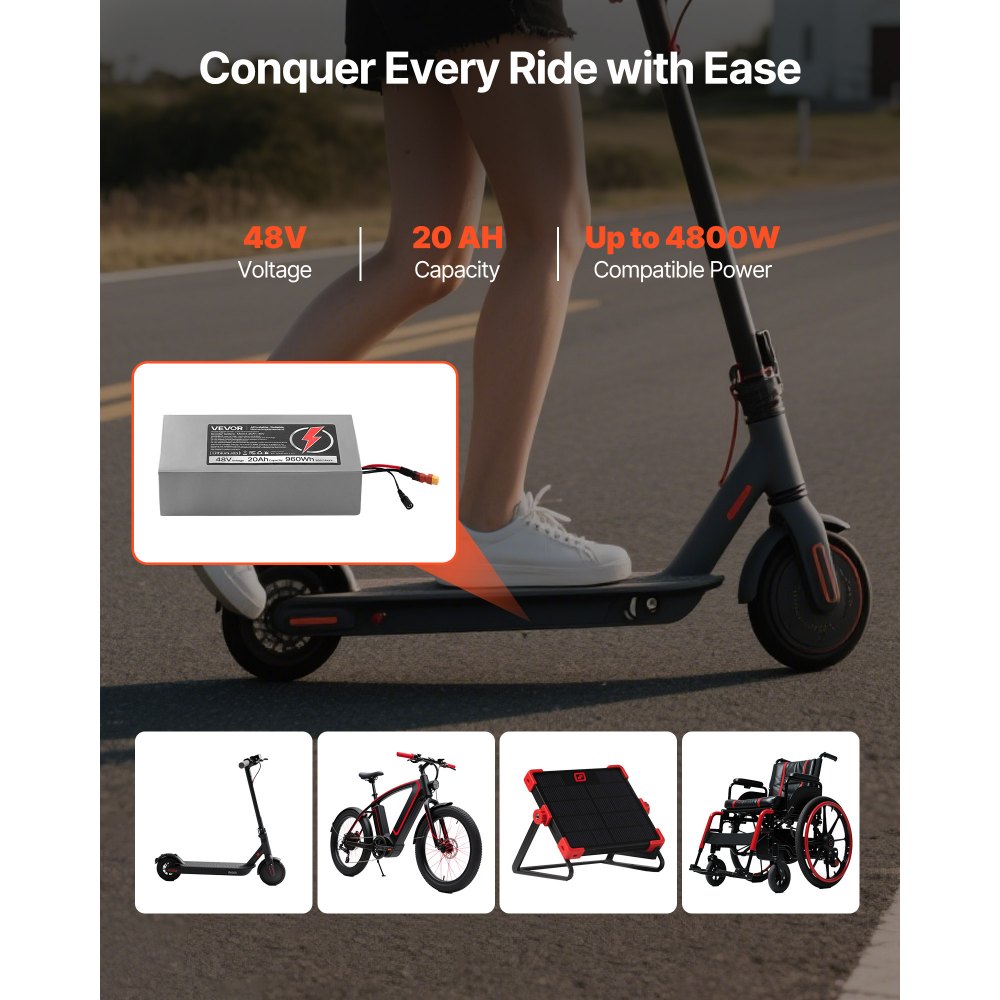 VEVOR 48V Electric Scooter Battery, 20Ah, Ebike Lithium Battery Pack with 30A BMS, Charger, T-Plug Expansion Cable
