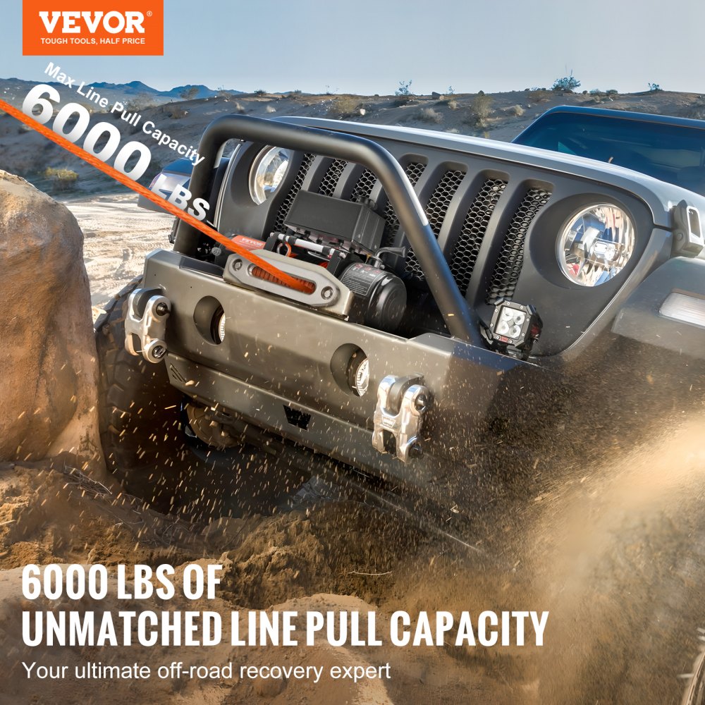 VEVOR Electric Winch, 6000 lb, 12V DC Truck Winch with Φ1/4 in x 55 ft Synthetic Rope Aluminum Fairlead Wireless &