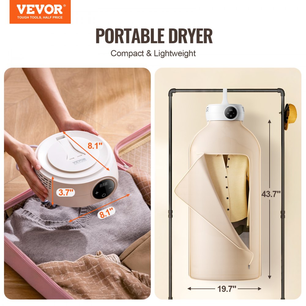 VEVOR Portable Clothes Dryer, Clothes Dryer with Dryer Bag, PTC Heating & LED Display, Foldable Mini Dryer with 5-H