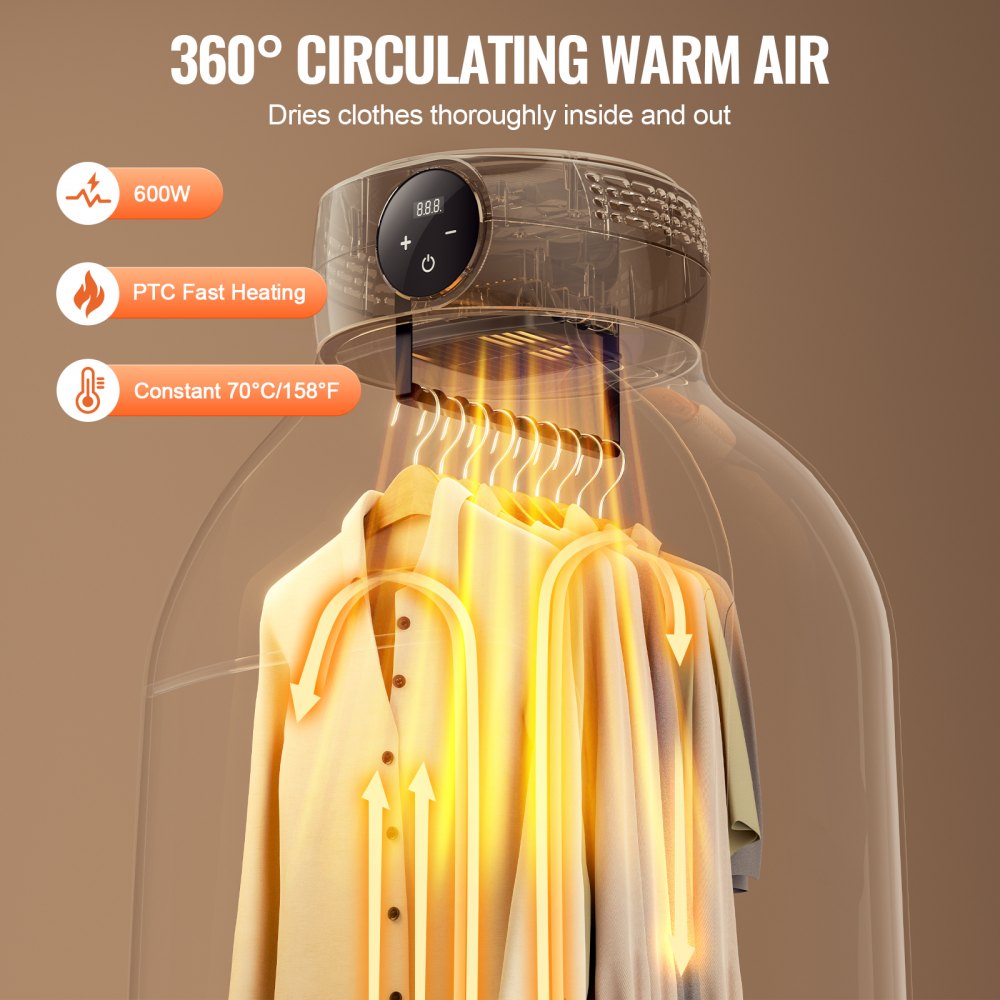 VEVOR Portable Clothes Dryer, Clothes Dryer with Dryer Bag, PTC Heating & LED Display, Foldable Mini Dryer with 5-H