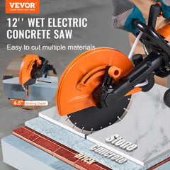 VEVOR Electric Concrete Saw, 12 in, 1800 W Motor Circular Saw Cutter with Max. 4.5 in Adjustable Cutting Depth, Wet