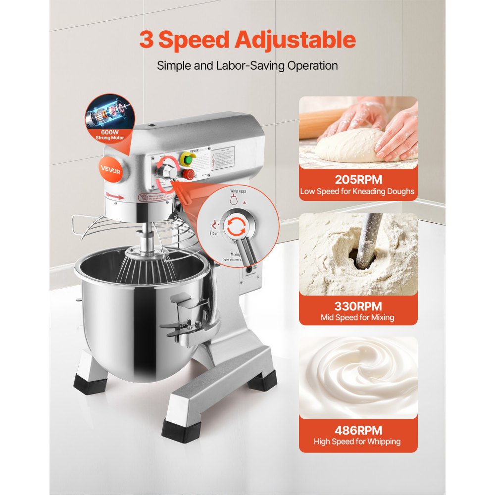 VEVOR Commercial Food Mixer 15Qt 600W 3 Speeds Adjustable 110/178/390 RPM Heavy Duty 110V with Stainless Steel Bowl