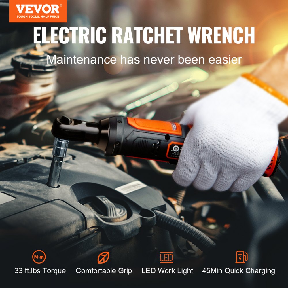 VEVOR 3/8" Cordless Electric Ratchet Wrench Set, 12V 33 Ft-lbs Power Ratchet Tool Kit, 45-Min Fast Charge, 2-Pack 2.0Ah