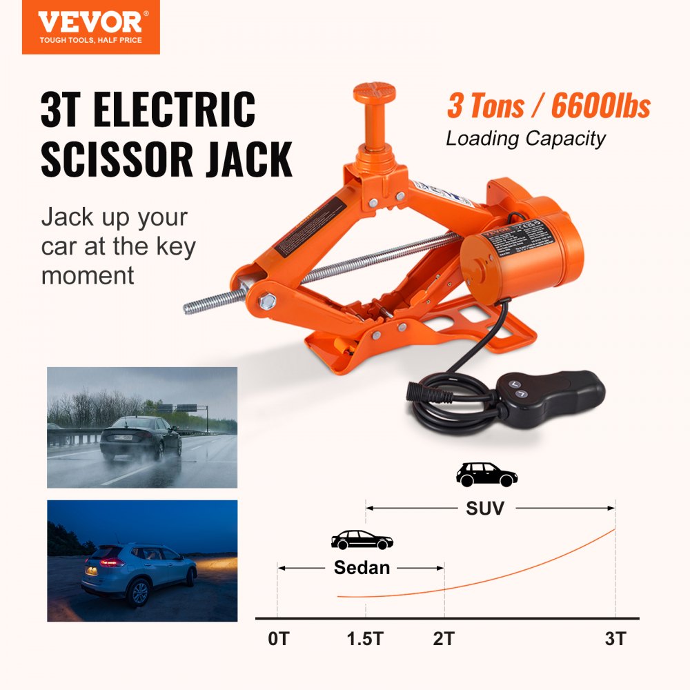 VEVOR Electric Car Jack, 3 Tons /6600 lbs Scissor Jack, 12V Electric Automatic Jack with Double Saddles and Remote