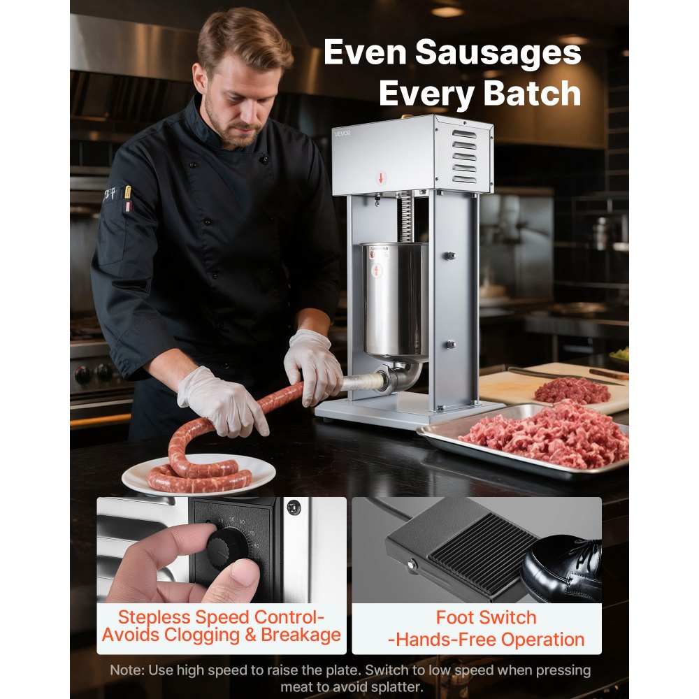 VEVOR Electric Sausage Stuffer, 22 LBS / 10 L Vertical Meat Filler with Stepless Speed Adjustment, Stainless Steel
