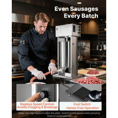 VEVOR Electric Sausage Stuffer, 33 LBS / 15 L Vertical Meat Stuffer, Stepless Speed Control and Foot Pedal, Stainless